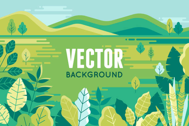 ilustraciones, imágenes clip art, dibujos animados e iconos de stock de vector ilustración de moda estilo plano y lineal - fondo con espacio de copia de texto - plantas, hojas y del paisaje forestal - green hill nature landscape