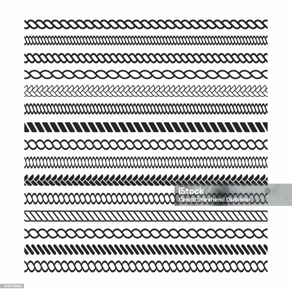 Rope brushes set. Rope frame design elements. Seamless marine rope texture for decoration Rope brushes set. Rope frame design elements. Seamless marine rope texture for decoration. Vector Pattern stock vector