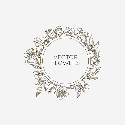 Vector round floral frame and background with copy space for text in trendy linear style - icon with flowers and leaves for wedding invitations, natural cosmetics packaging, vintage greeting cards and banners