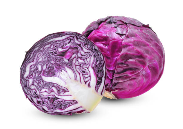 whole and half red cabbage vegetable isolated on white background