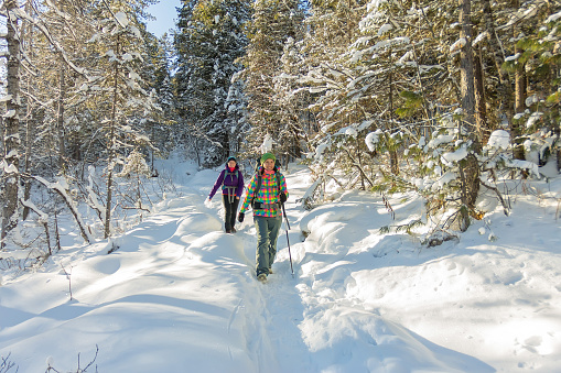 two happy women traveler with backpacks walking in winter forest.