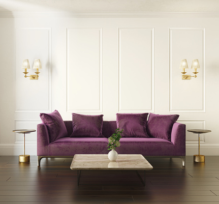 Interior clásico chic moderno sofá de terciopelo violeta photo