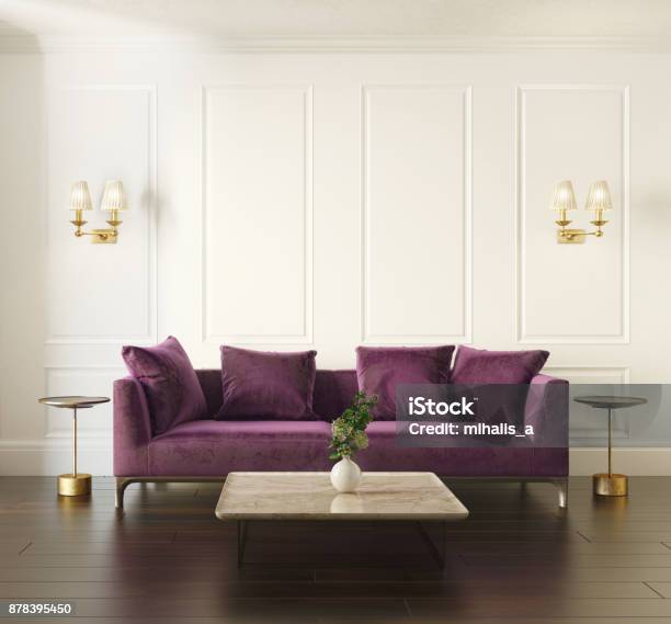 Modern Chic Classic Interior With Violet Velvet Sofa Stock Photo - Download Image Now