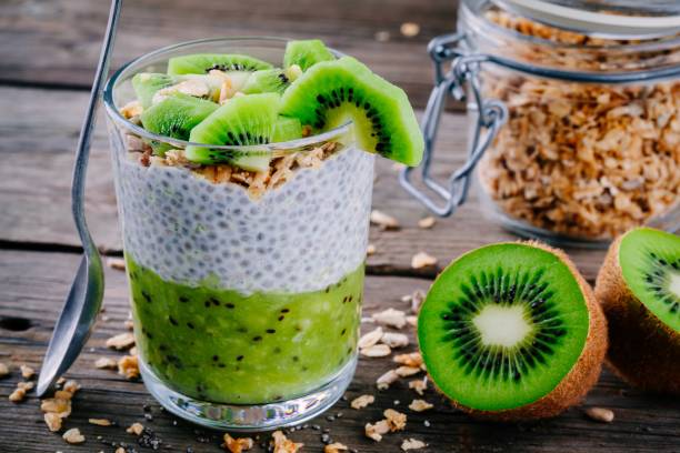 istock Healthy breakfast. chia pudding with kiwi and granola in glass 878398680