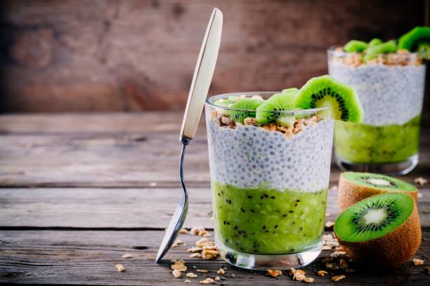 istock Healthy breakfast. chia pudding with kiwi and granola in glass 878398720