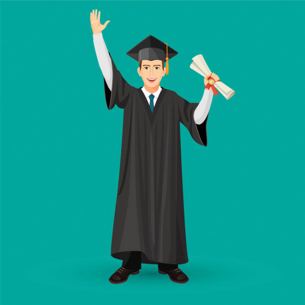 illustrazioni stock, clip art, cartoni animati e icone di tendenza di il laureato in abito da mantello tiene la pergamena di laurea - graduation gown