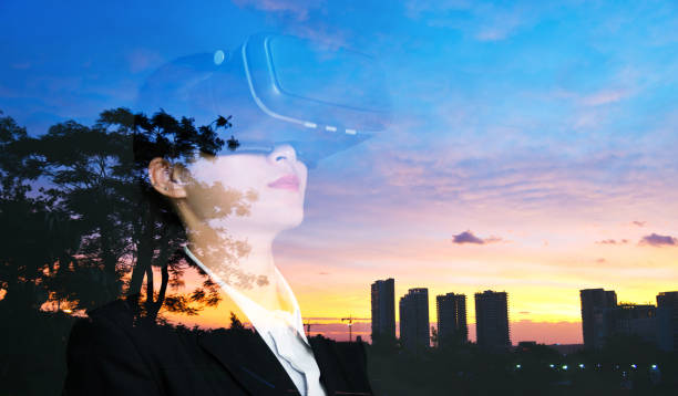 istock Multiple exposure of businesswoman using the virtual reality simulator 878400836