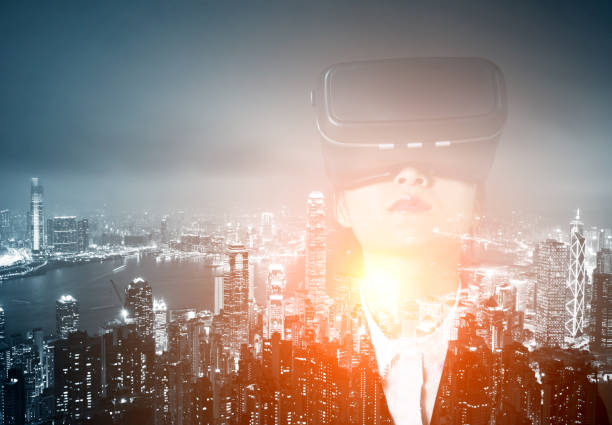 istock Multiple exposure of businesswoman using the virtual reality simulator 878400840
