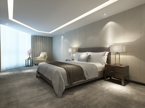 Rendering of a Contemporary modern luxury hotel room with a Modern Upholstered Bed