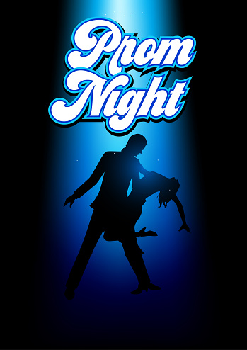 Silhouette illustration of a couple dancing under the blue light with prom night text