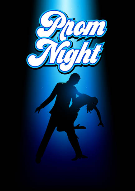 Silhouette illustration of a couple dancing Silhouette illustration of a couple dancing under the blue light with prom night text prom stock illustrations
