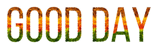istock word good day written with leaves white isolated background, banner for printing, creative illustration of colored leaves. 878408686