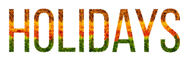 istock word holidays written with leaves white isolated background, banner for printing, creative illustration of colored leaves. 878410242