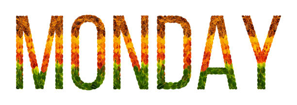 istock word monday written with leaves white isolated background, banner for printing, creative illustration of colored leaves. 878412930