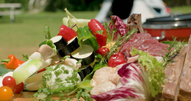 istock Meat and vegetable food on the table. 878413230
