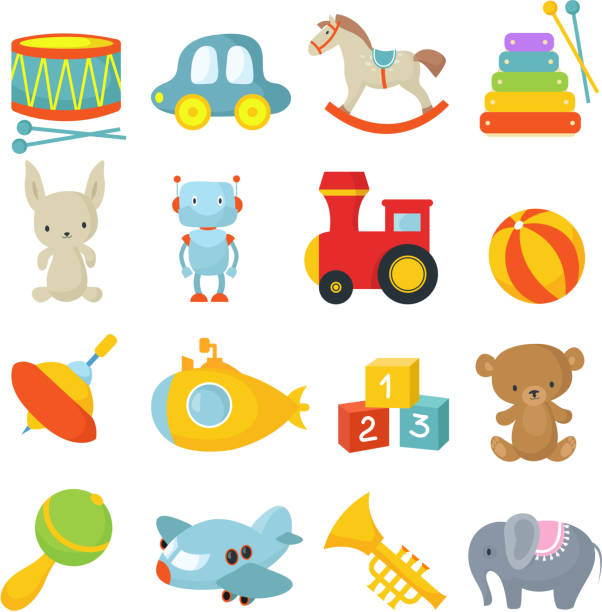 ilustraciones, imágenes clip art, dibujos animados e iconos de stock de niños en edad preescolar juguetes aislado vector cartoon set - juegos de preescolar