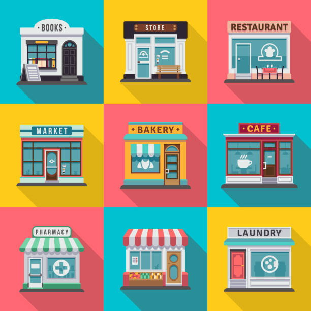 Set of flat shop building facades icons. Vector illustration for local market store house design Set of flat shop building facades icons. Vector illustration for local market store house design. Shop facade building, street front commercial market pharmacy store stock illustrations