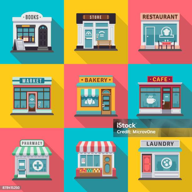 Set Of Flat Shop Building Facades Icons Vector Illustration For Local Market Store House Design Stock Illustration - Download Image Now