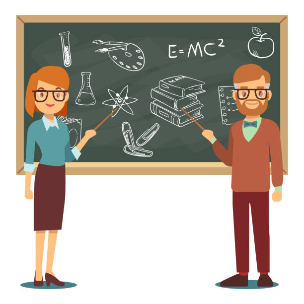 Male and female teachers standing in front of blank school blackboard vector illustration Male and female teachers standing in front of blank school blackboard vector illustration. School teacher and chalkboard, profession teaching teacher clipart stock illustrations