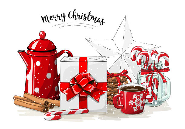 Christmas still-life, white gift box wit red ribbon, red tea pot, cookies, glass jar with candy canes, cinnamon sticks and cup of coffee on white background, illustration vector art illustration