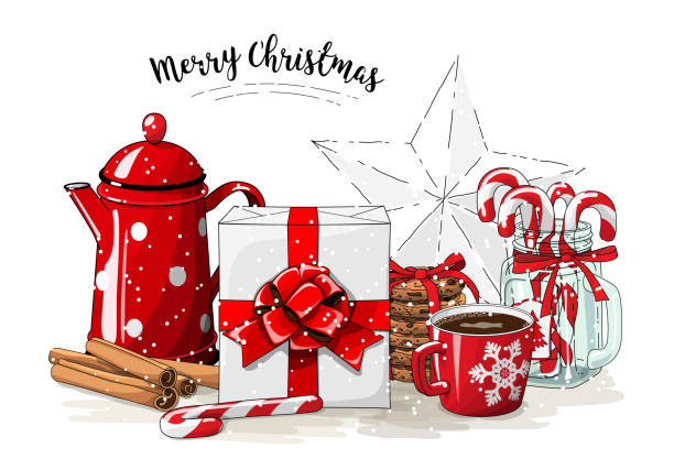 Christmas still-life, white gift box wit red ribbon, red tea pot, cookies, glass jar with candy canes, cinnamon sticks and cup of coffee on white background, illustration Christmas still-life, white gift box wit red ribbon, red tea pot, cookies, glass jar with candy canes, cinnamon sticks and cup of coffee on white background, vector illustration, eps 10 wit transparency stacking food containers stock illustrations