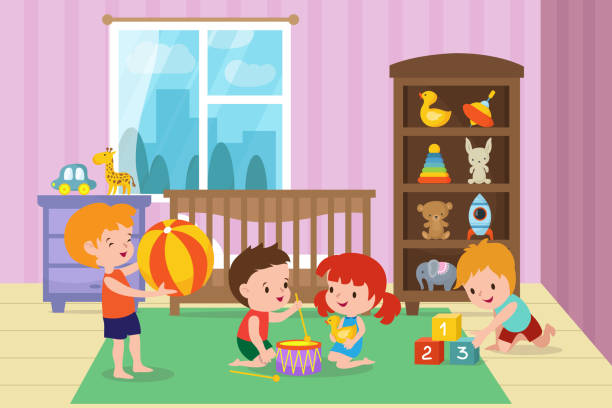 Children playing with toys in playroom of kindergarten vector illustration Children playing with toys in playroom of kindergarten vector illustration. Room with boy and girl, kids room in kindergarten baby play stock illustrations