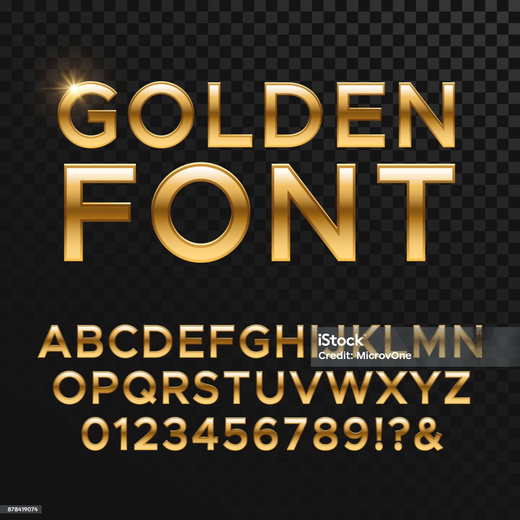 Golden glossy vector font or gold alphabet. Yellow metal typeface Golden glossy vector font or gold alphabet. Yellow metal typeface. Metallic golden abc, alphabet typographic luxury illustration Gold - Metal stock vector