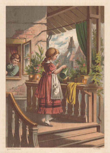 ilustrações, clipart, desenhos animados e ícones de menina regando flores - cena nostálgico, litografia, publicado em 1883 - built structure germany history 19th century style