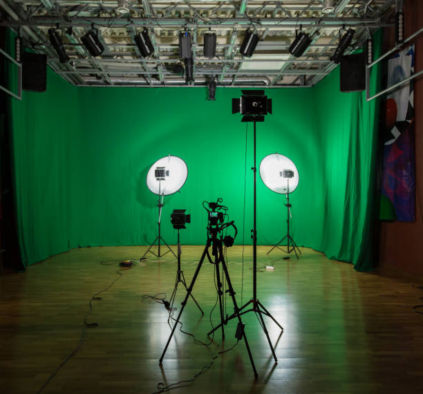 istock Studio for filming on a green background. The chroma key. Lighting equipment in the Studio. Green screen 878421940