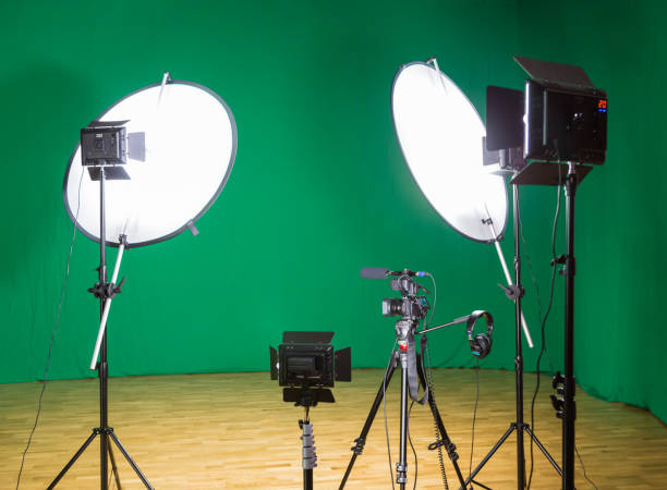 istock Studio for filming on a green background. The chroma key. Lighting equipment in the Studio. Green screen 878422364