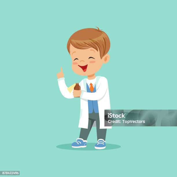 Cartoon Character Of Little Baby Boy In White Coat Standing With Index  Thumb Up And Holding Medicine Bottle Flat Design Vector Illustration Stock  Illustration - Download Image Now - iStock