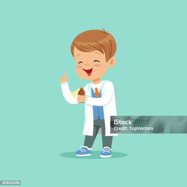 Cartoon Character Of Little Baby Boy In White Coat Standing With Index Thumb Up And Holding Medicine Bottle Flat Design Vector Illustration Stock Illustration - Download Image Now - iStock Cartoon Character Of Little Baby Boy In White Coat Standing With Index Thumb Up And Holding Medicine Bottle Flat Design Vector Illustration Stock Illustration - Download Image Now - iStock