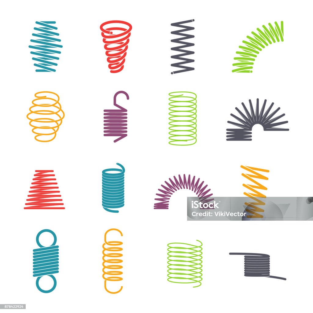 Metal spring set Metal spring set. Colorful round metal wire, elasticity and mechanical energy. Vector flat style cartoon illustration isolated on white background Bouncing stock vector