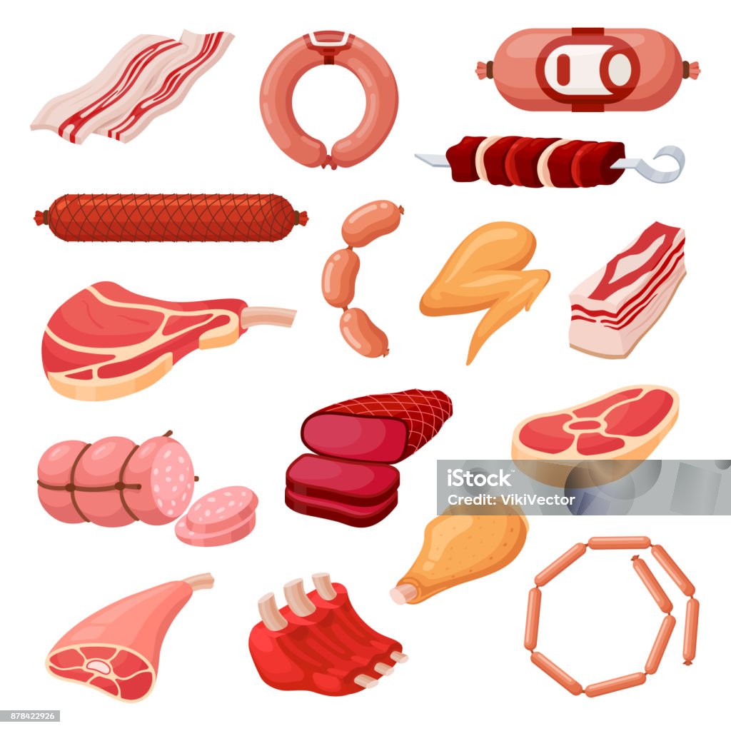 Meat products set Meat products set. Foods consist, contain pork, beef, lamb or chicken, animal product, market poster. Vector flat style cartoon illustration isolated on white background Chicken Wing stock vector