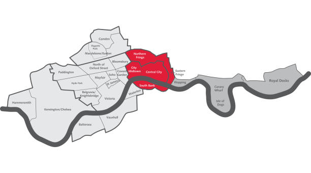 ilustrações de stock, clip art, desenhos animados e ícones de london city centre map with area labels - thames river
