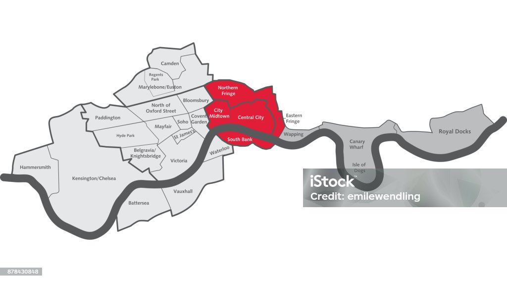 London City Centre Map With Area Labels Vector illustration of London and its boroughs Thames River stock vector