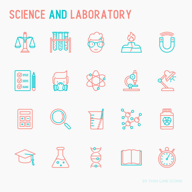 nauka i laboratorium z cienką linią ikony zestaw naukowiec, dna, mikroskop, wagi, magnes, respirator, lampa spirytusowa. ilustracja wektorowa baneru, strony internetowej, nośników drukowanych. - beaker laboratory weight scale physics stock illustrations