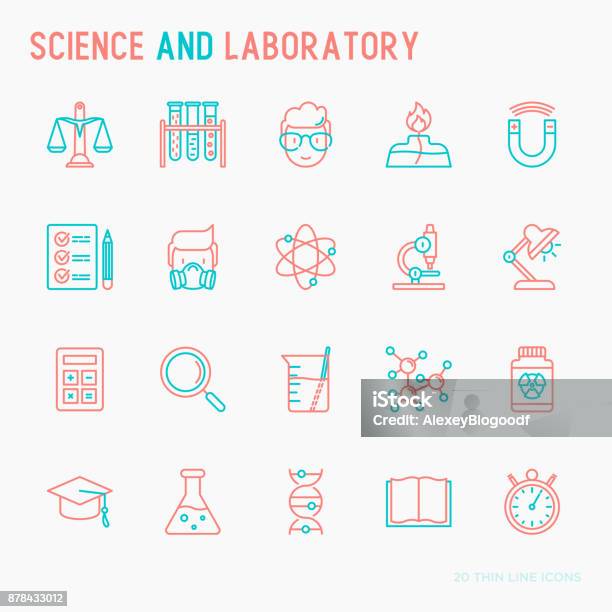 Science And Laboratory With Thin Line Icons Set Of Scientist Dna Microscope Scales Magnet Respirator Spirit Lamp Vector Illustration For Banner Web Page Print Media Stock Illustration - Download Image Now