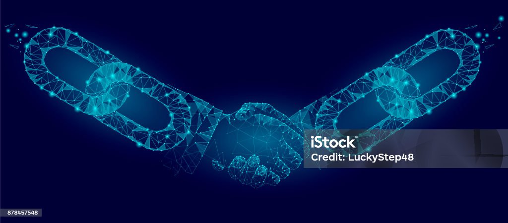 Blockchain technology agreement handshake business concept low poly. Polygonal point line geometric design. Hands chain link internet hyperlink connection blue vector illustration Blockchain technology agreement handshake business concept low poly. Polygonal point line geometric design. Hands chain link internet hyperlink connection blue vector illustration art Blockchain stock vector