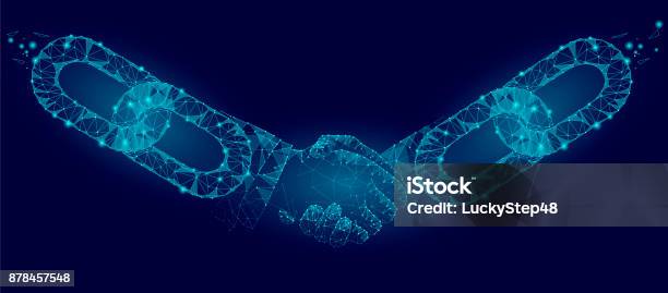 Blockchain Technology Agreement Handshake Business Concept Low Poly Polygonal Point Line Geometric Design Hands Chain Link Internet Hyperlink Connection Blue Vector Illustration Stock Illustration - Download Image Now