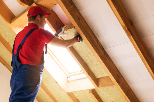 家のアチックの絶縁材 - 建設労働者のマンサード屋根壁にロックウールをインストールします。 - insulation roof attic home improvement ストックフォトと画像