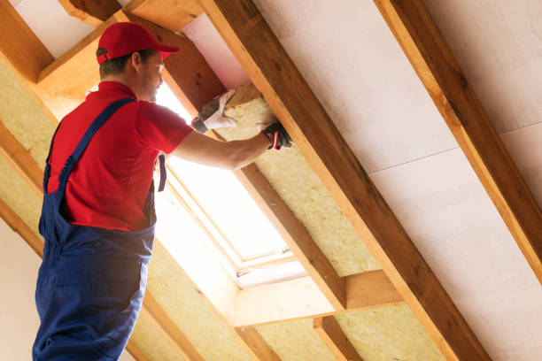 izolacja poddasza domu - pracownik budowlany instalujący wełnę skalną w ścianie mansardowej - insulation roof attic home improvement zdjęcia i obrazy z banku zdjęć