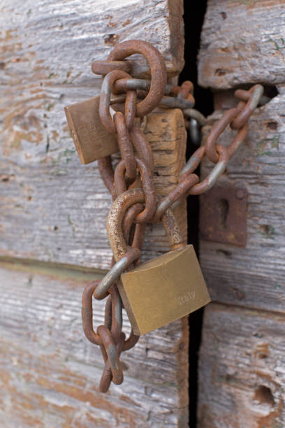 istock chain on old wooden door 878467222