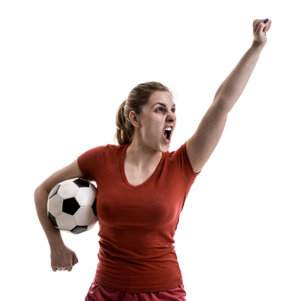 istock Female athlete / fan in red uniform on white background 878467998