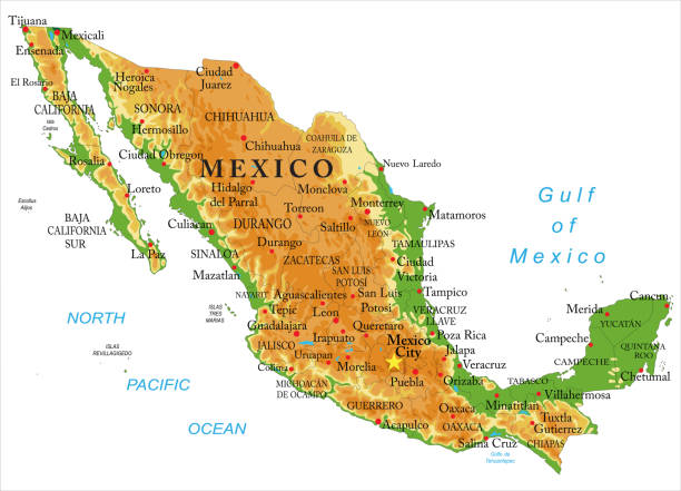 Mexico physical map Highly detailed physical map of Mexico,in vector format,with all the relief forms,regions and big cities. nogales arizona stock illustrations
