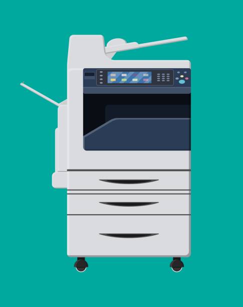illustrazioni stock, clip art, cartoni animati e icone di tendenza di macchina multifunzione per ufficio. - computer printer printing out report printout