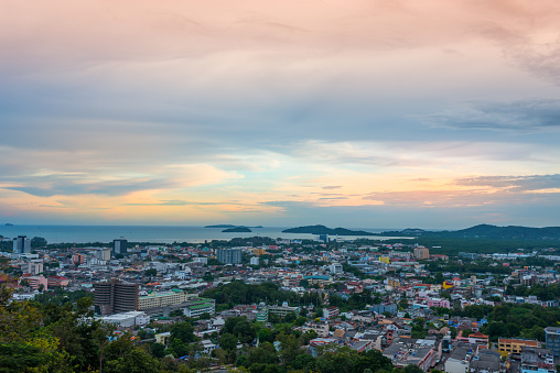 Aerial view of Phuket town and Chalong Bay at twilight, Thailand