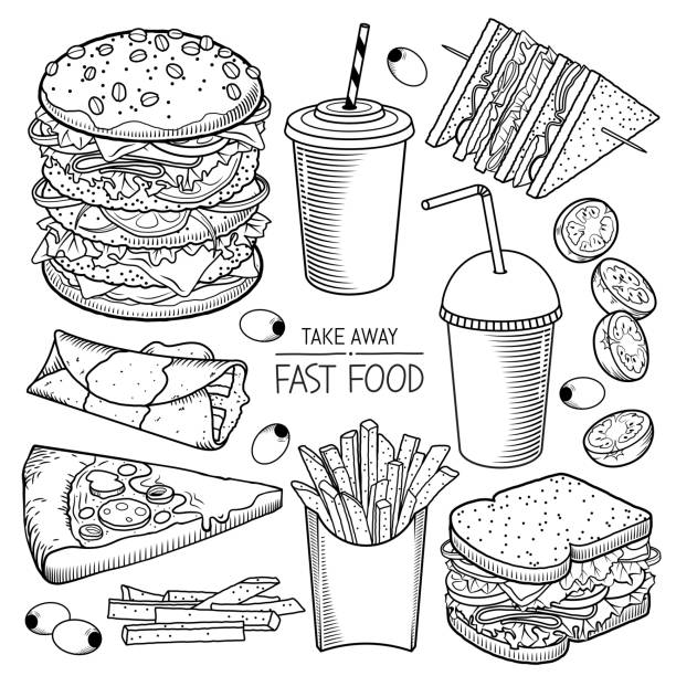 Fast food vector illustrations Collection of Fast food specialties vector hand drawn illustrations sandwich club sandwich lunch restaurant stock illustrations