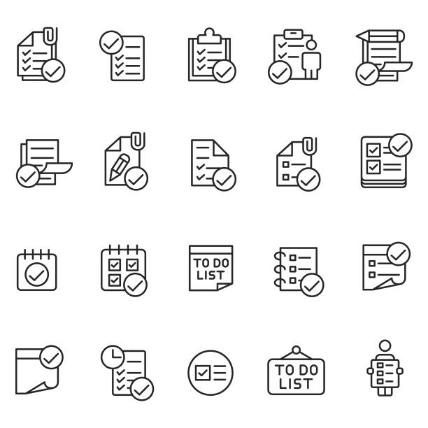 ilustraciones, imágenes clip art, dibujos animados e iconos de stock de lista de conjunto de iconos - to do list computer icon checklist communication