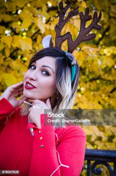 Christmas Girl Wearing Deer Horns Stock Photo - Download Image Now - 2017, Arm, Beauty